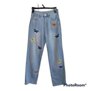 Shein high waisted Jeans butterfly embroidered raw hem size 2  XS